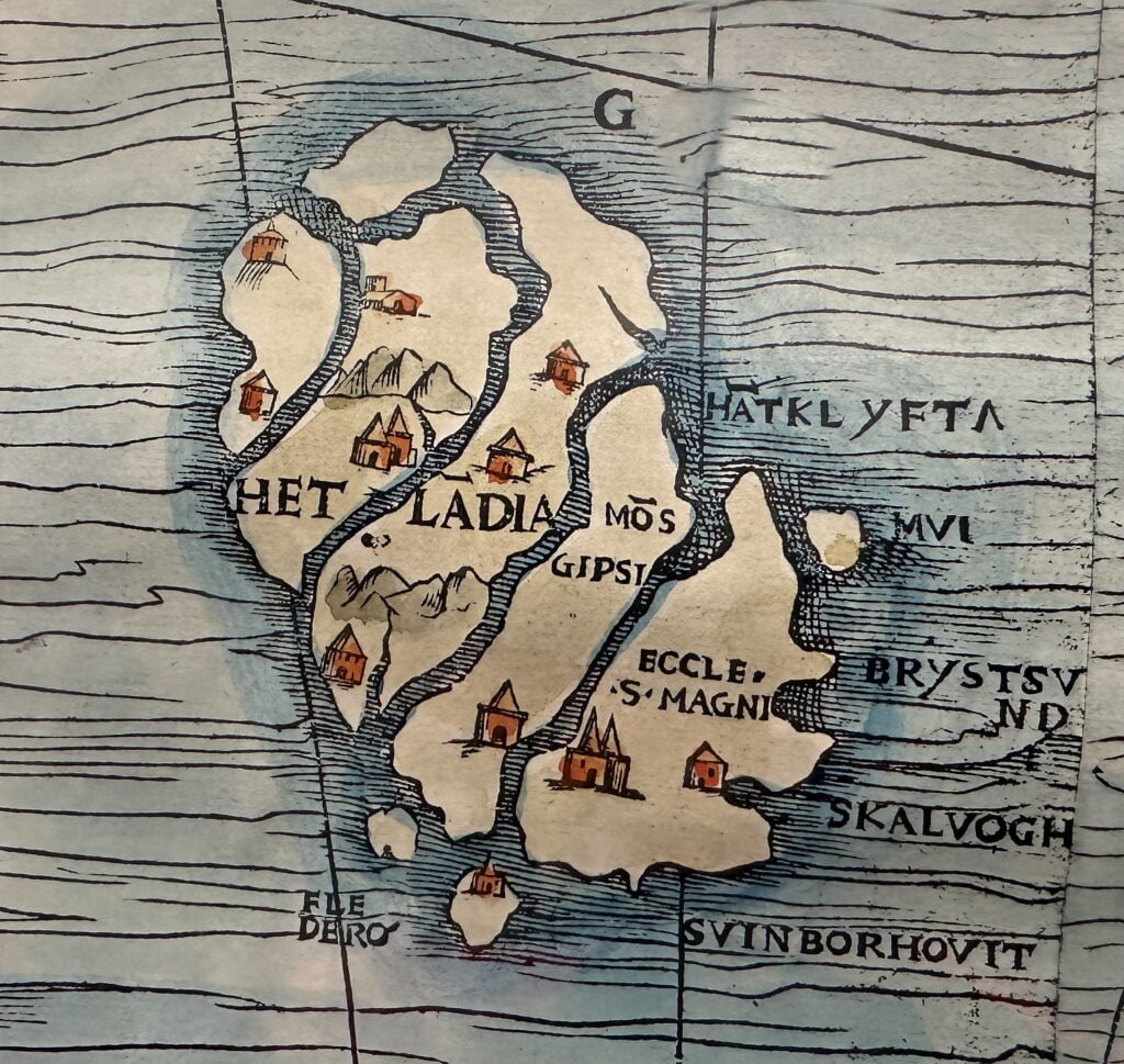 En gammal karta över Shetlandsöarna, med teckningar av hus och berg.